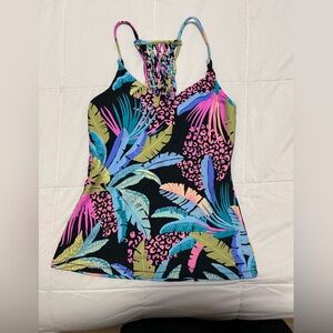 Raisins Black Halter Swim Top with Neon Tropical Print